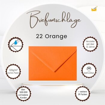 25 enveloppes DIN B6 (125 x 176 mm) avec rabat pointu 120 g / qm 22 orange