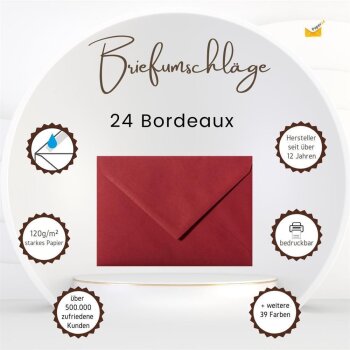 1 enveloppe de chaque DIN B6 (125 x 176 mm) avec un rabat 120 g / qm 24 Bordeaux