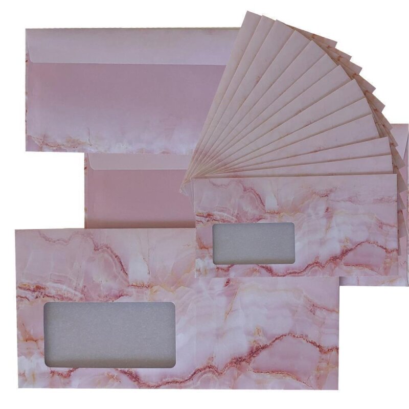 250 Briefumschlge DIN lang mit Fenster selbstklebend, 110 x 220 mm mit Haftklebung im Mamordesign, Geschftsumschlge mit Haftstreifen, Grammatur 80 g/m Marmor Rosa