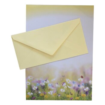 100 teiliges Briefpapier Set für Erwachsene Blumenwiese mit Briefumschlägen, edel, DIN A4 Papier und farblich passenden Umschläge DIN lang ohne Fenster als Geschenk für Geburtstag, Hochzeit