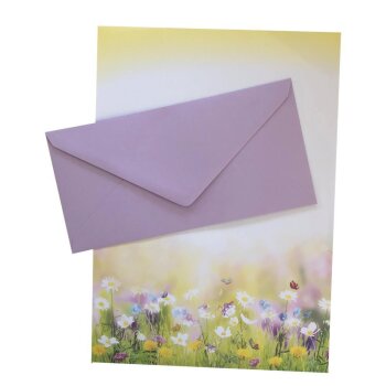 50 teiliges Briefpapier Set für Erwachsene Blumenwiese mit Briefumschlägen, edel, DIN A4 Papier und farblich passenden Umschläge DIN lang ohne Fenster als Geschenk für Geburtstag, Hochzeit