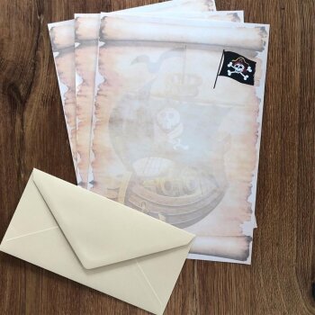 100 teiliges Briefpapier Set für Kinder Pirat mit Briefumschlägen, edel, DIN A4 Papier und farblich passenden Umschläge DIN lang ohne Fenster als Geschenk für Geburtstag, Hochzeit