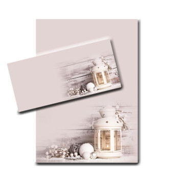 50 teiliges Weihnachts-Briefpapier Set für Erwachsene weiße Laterne mit Umschlag, edel, DIN A4 Papier und farblich passenden Umschläge DIN lang ohne Fenster als Geschenk für Geburtstag, Weihnachten