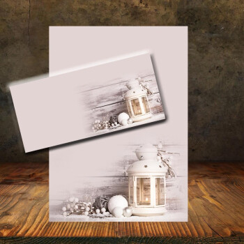 50 teiliges Weihnachts-Briefpapier Set für Erwachsene weiße Laterne mit Umschlag, edel, DIN A4 Papier und farblich passenden Umschläge DIN lang ohne Fenster als Geschenk für Geburtstag, Weihnachten