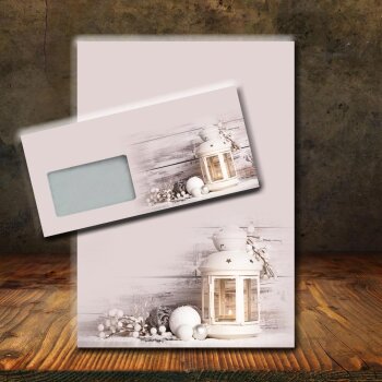 100 teiliges Weihnachts-Briefpapier Set für Erwachsene weiße Laterne mit Fensterumschlag, edel, DIN A4 Papier und farblich passenden Umschläge DIN lang ohne Fenster als Geschenk für Geburtstag, Weihnachten