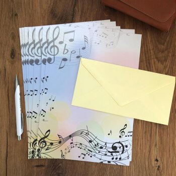 100 teiliges Briefpapier Set mit Briefumschlägen, Musik, Noten im DIN A4 Papier und farblich passenden Umschläge DIN lang ohne Fenster als Geschenk für Geburtstag