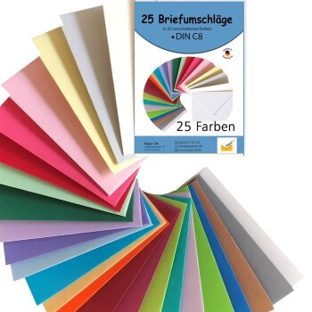 Umschlag-Set, 25 bunte Briefumschläge in 25 unterschiedlichen Farben als Set, ideal zum Basteln, zu Weihnachten oder als Geschenkidee