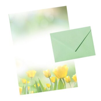 Briefpapier mit Umschlag als Set in einer hübschen Geschenkbox Motiv Tulpen bestehend aus DIN A4 Naturpapier und farblich passenden DIN A6 Briefumschläge ohne Fenster, eine Geschenkidee für Hochzeit, Weihnachten oder Geburtstag