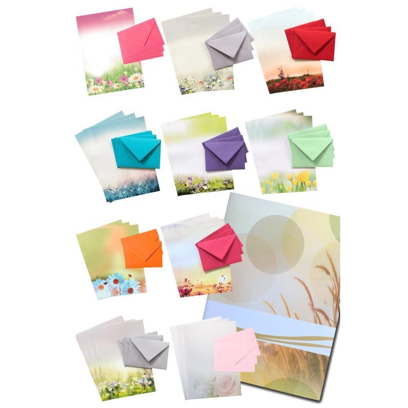 Briefpapier mit Umschlag als Set in einer hübschen Geschenkbox Motiv Blumenwiese MIX bestehend aus DIN A4 Naturpapier und farblich passenden DIN C6 Briefumschläge Blumenwiese MIX 150-teilig
