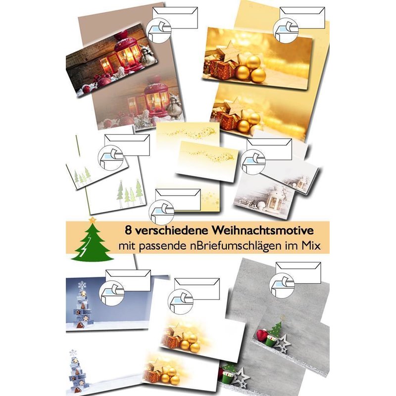 Weihnachtsbriefpapier Mix inkl. passenden DIN lang Umschläge 110x220 mm mit Haftklebung, DIN A4 Papier  Weihnachtspapier mit 8 verschiedenen Motiven