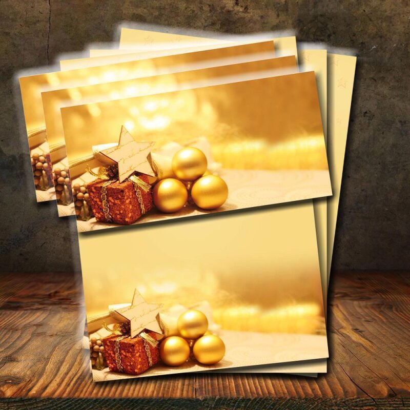 Weihnachtsbriefpapier inkl. passenden DIN lang Umschläge 110x220 mm mit Haftklebung, DIN A4 Papier  Weihnachtspapier 100er-Set goldene Kugeln