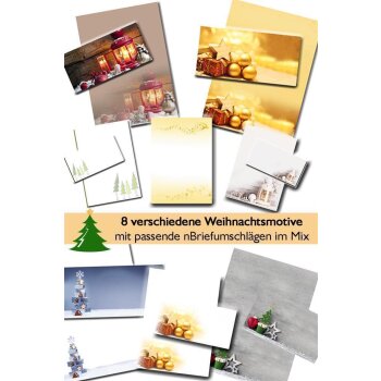 20 teiliges Weihnachts-Briefpapier Set für Erwachsene rote Laterne mit Fensterumschlag, edel, DIN A4 Papier und farblich passenden Umschläge DIN lang ohne Fenster als Geschenk für Geburtstag, Weihnachten 25er-Set