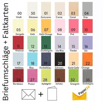 Farbwahl - Pack 25 farbige Briefumschläge DIN B6 NASSKLEBEND + passende Faltkarten 12x17 cm