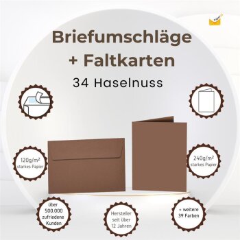 farbige Briefumschläge DIN B6 HAFTSTREIFEN + passende Faltkarten 12x17 cm 34 Haselnuss