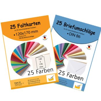 25 bunte Briefumschläge in 25 unterschiedlichen Farben als Set im Format B6 mit passenden Faltkarten 12x17 cm