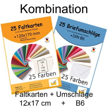 25 bunte Briefumschläge in 25 unterschiedlichen Farben als Set im Format B6 mit passenden Faltkarten 12x17 cm