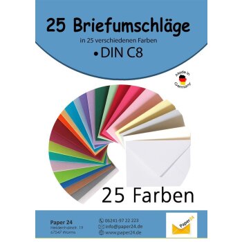 Envelope set, 25 colorful envelopes in 25 different colors as a set in C8 format, wet-adhesive, ideal for handicrafts, for Christmas or as a DIN C8 gift idea