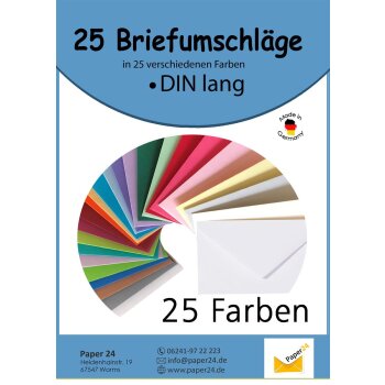 Ensemble denveloppes, 25 enveloppes colorées de 25 couleurs différentes en ensemble au format 110x220 mm, adhésives humides, idéales pour lartisanat, pour Noël ou comme idée cadeau DIN long